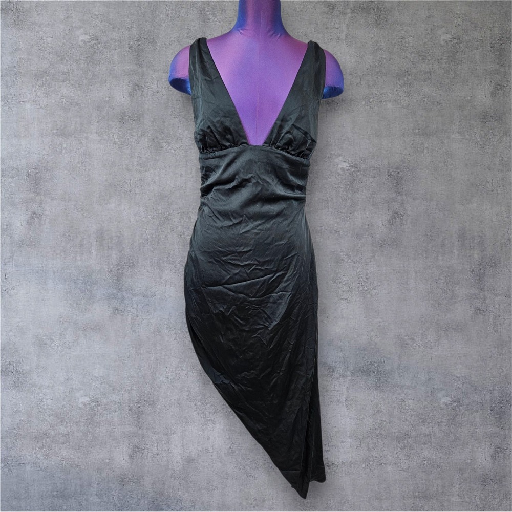 Lovers and Friends Black NWT Asymmetric Midi Dress Plunge Cocktail Medium D41